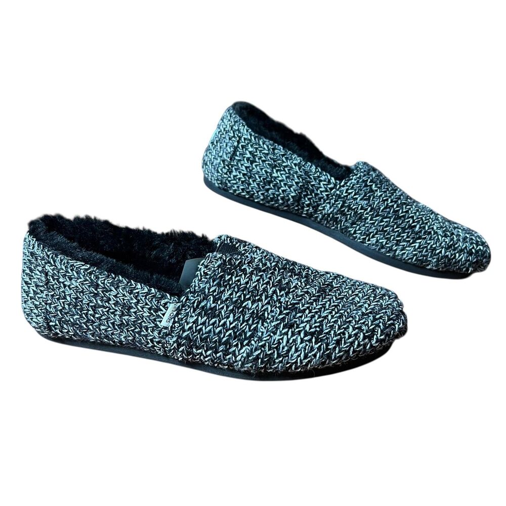 TOMS Slippers Womens Size 7.5 Blue Knit Faux Fur Lined CloudBound Slip On